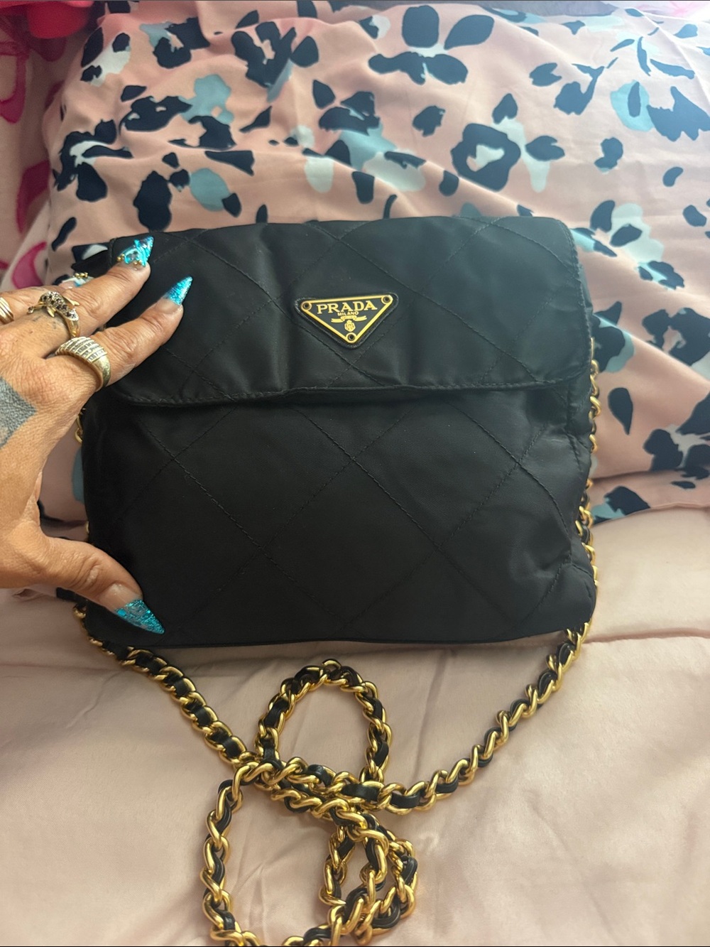 Prada Black Nylon Triangle Logo Shoulder Bag with Gold Hardware
